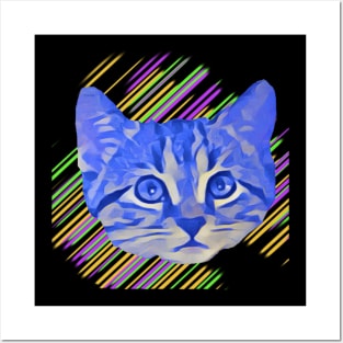 Blue Kitty Face Colorful Stripes Posters and Art